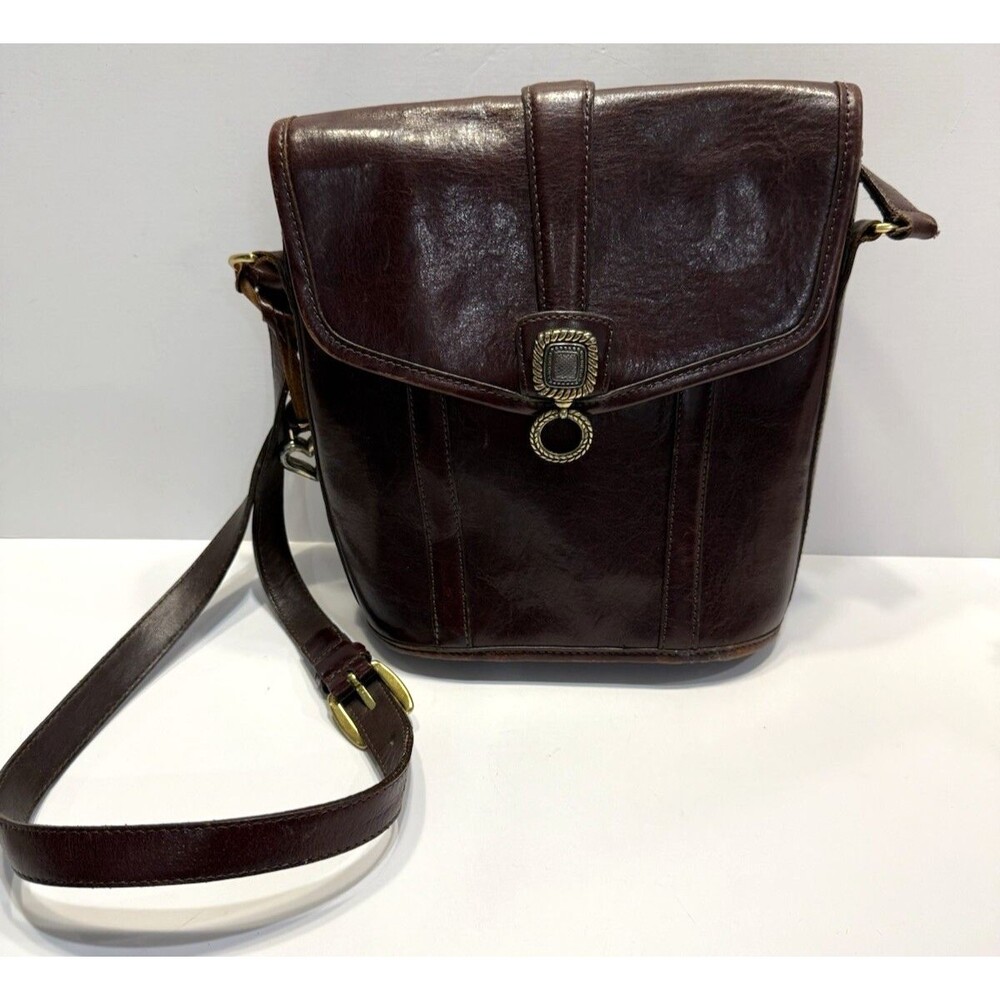 Vtg Brighton Embossed Leather Crossbody Structured Brown 90's Bucket Bag 736135